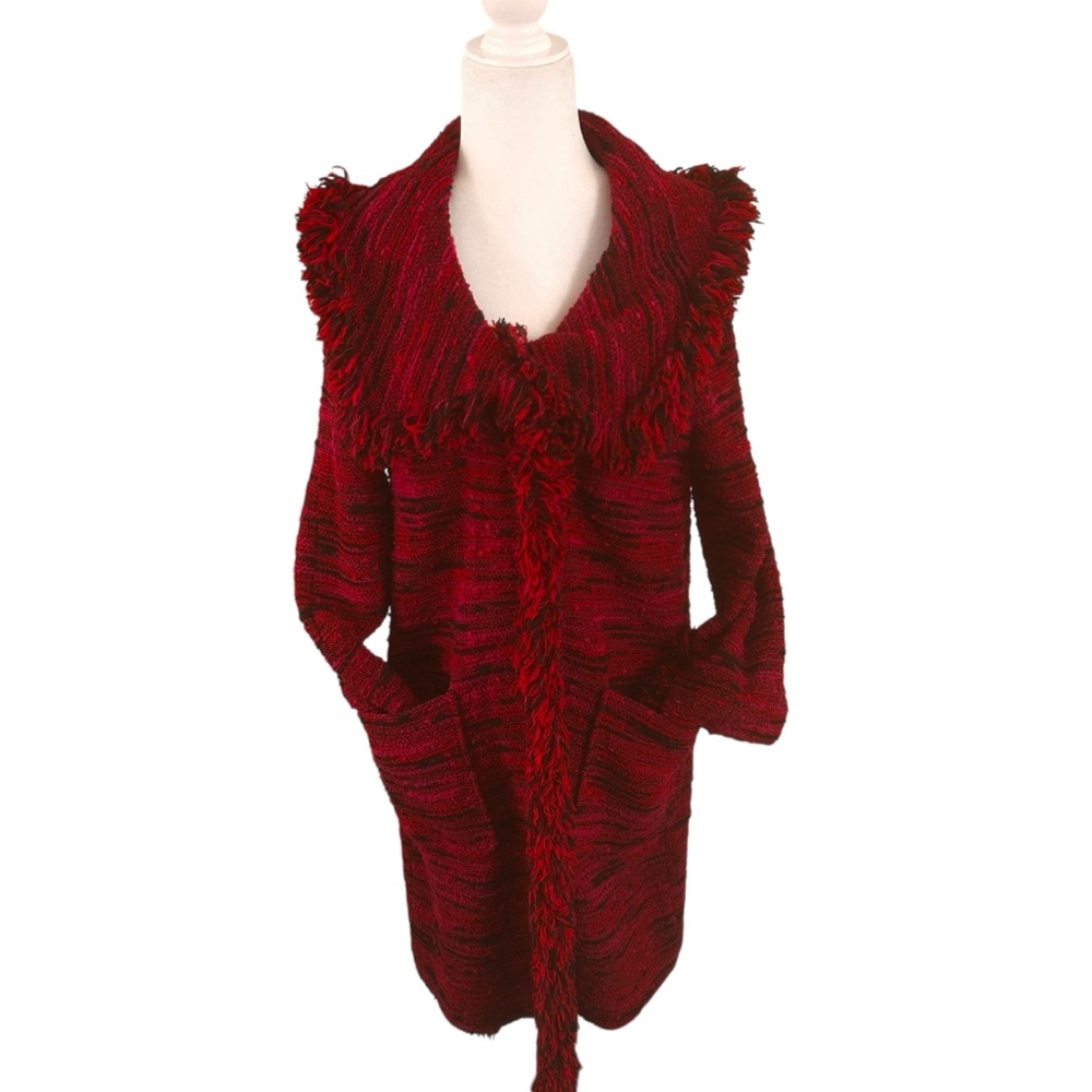 St. John red pink black tweed fringe frayed collar long jacket women’s size 6 - Picture 13 of 16